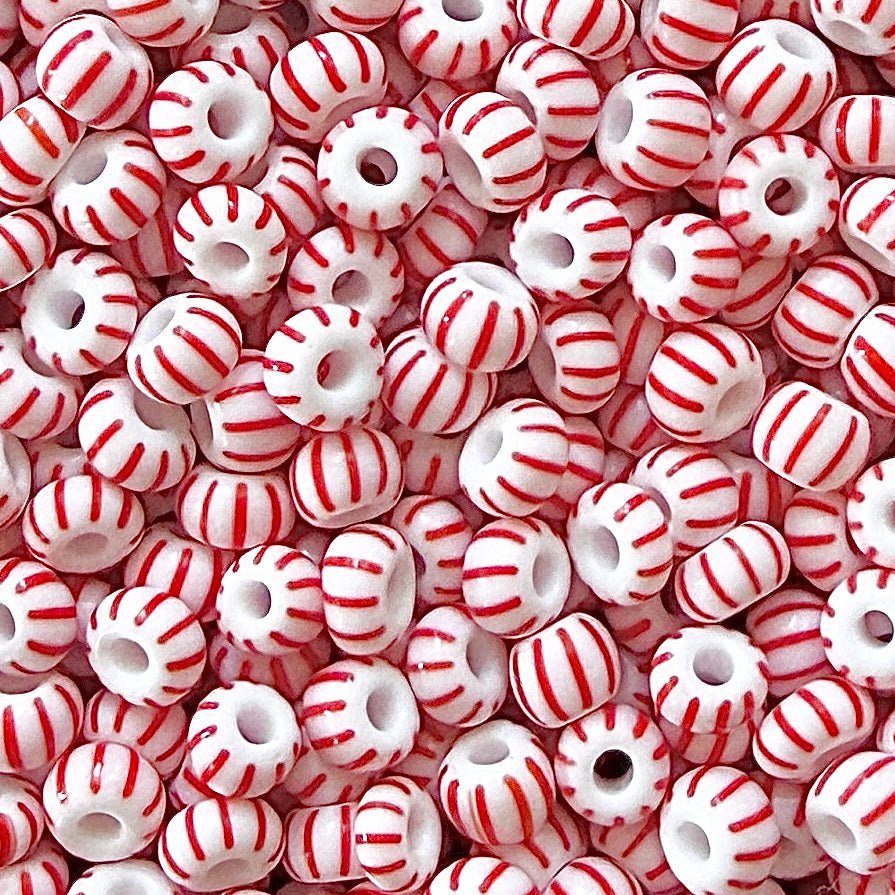 White & Red 6/0 Czech Striped Seed Beads (100g) - The Bead Mix