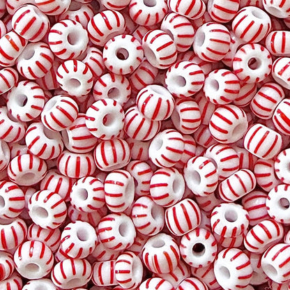 White & Red 6/0 Czech Striped Seed Beads (100g) - The Bead Mix
