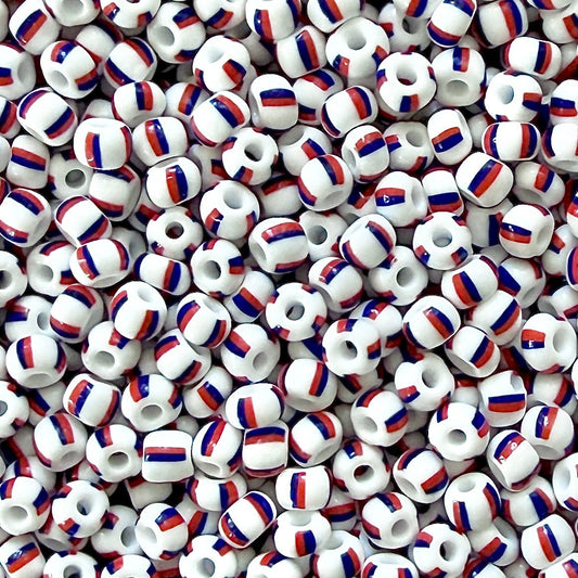 White, Red & Blue 6/0 Czech Striped Seed Beads (100g) - The Bead Mix