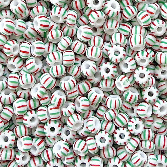 White, Red & Green 6/0 Czech Striped Seed Beads (100g) - The Bead Mix