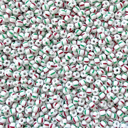 White, Red & Green 6/0 Czech Striped Seed Beads - The Bead Mix