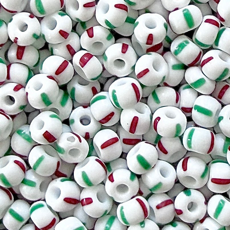 White, Red & Green 6/0 Czech Striped Seed Beads - The Bead Mix