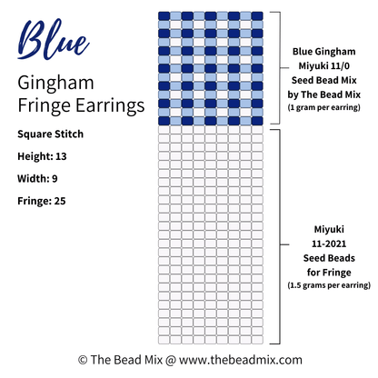 Free square stitch beading pattern to make blue gingham pattern fringe earrings by The Bead Mix
