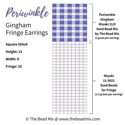 Free square stitch beading pattern to make periwinkle and cream gingham pattern fringe earrings by The Bead Mix