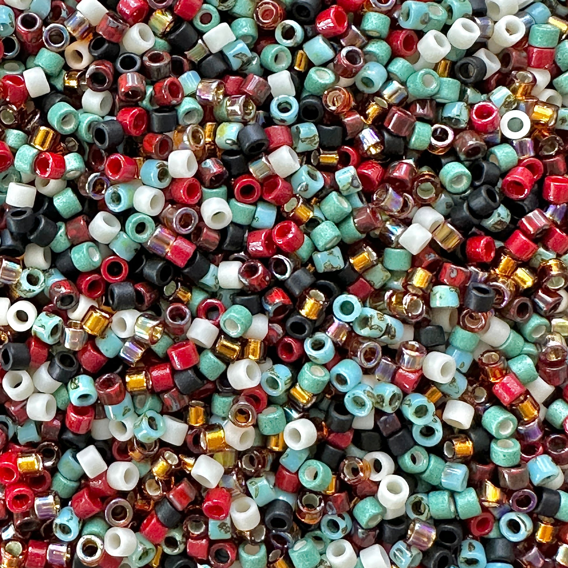 Mix of Miyuki seed beads in shades of red, green, black, white, and gold with color swatches and product details.