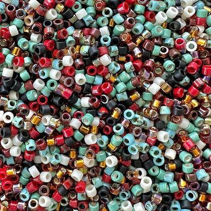 Mix of Miyuki seed beads in shades of red, green, black, white, and gold with color swatches and product details.